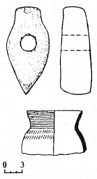 Каменный топор т фрагмент сосуда из Икшинского могильника